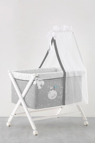Berço de madeira e têxtil de cama Space Rabbit - Cinzento e branco