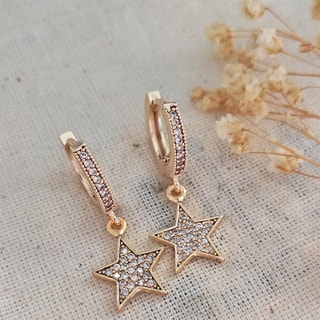 Brincos pendentes em estrela - Latão folheado, banhado a ouro e pedras de zircão