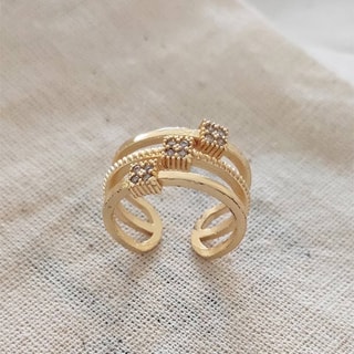 Bague 3 rangs ajustable - Laiton plaqué or & zircons