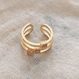 Bague 3 rangs ajustable - Laiton plaqué or & zircons