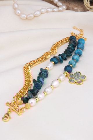 Bracelet - Plaqué or jaune, lapis-lazuli, zircons et perles de culture