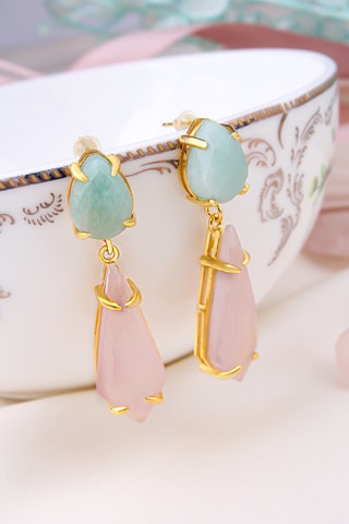 Boucles d'oreilles dorées à l'or fin jaune - Amazonite et quartz rose