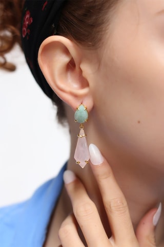Boucles d'oreilles dorées à l'or fin jaune - Amazonite et quartz rose