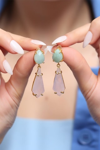 Boucles d'oreilles dorées à l'or fin jaune - Amazonite et quartz rose