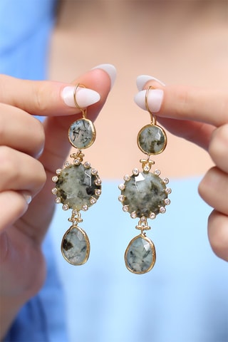 Boucles d'oreilles dorées à l'or fin jaune - Prehnites et zircons