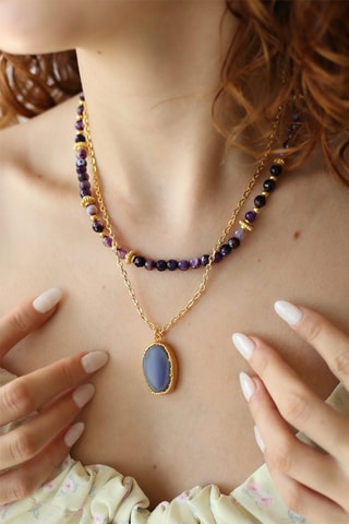 Collier multi-rangs - Plaqué or jaune et lapis-lazuli