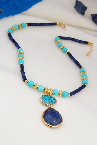 Collier doré à l'or fin jaune - Turquoises et lapis-lazulis
