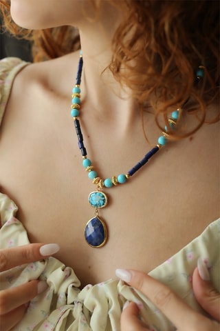 Collier doré à l'or fin jaune - Turquoises et lapis-lazulis