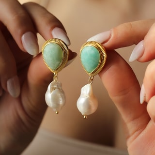 Boucles d'oreilles pendantes - Laiton plaqué or, amazonite & perle