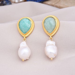 Boucles d'oreilles pendantes - Laiton plaqué or, amazonite & perle