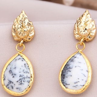 Boucles d'oreilles pendantes  - Laiton plaqué or & pierre dendritique 