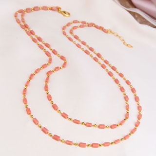 Collier - Laiton plaqué or & pierres naturelles roses