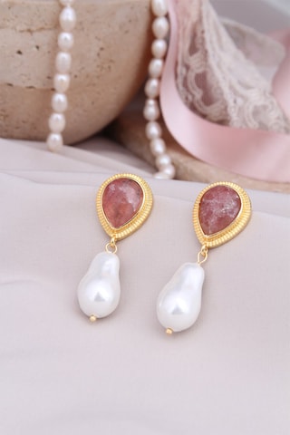 Boucles d’oreilles doré à l'or fin jaune - Quartz fraise et perles de culture
