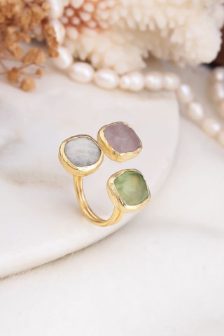 Bague - Plaqué or jaune, pierre de lune et quartz