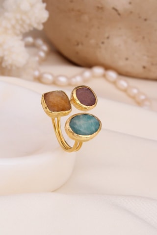 Bague - Plaqué or jaune, pierre de soleil, aigue-marine et quartz