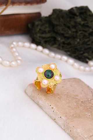Bague - Plaqué or jaune, malachite et perles de culture 