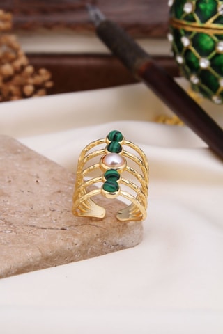 Bague - Plaqué or jaune et malachites