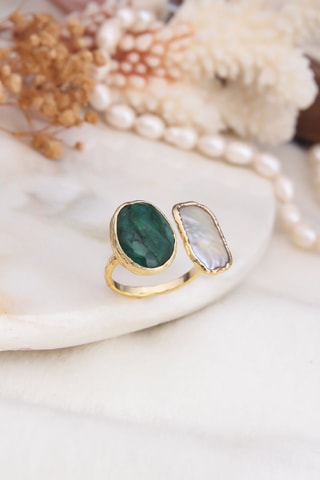 Bague - Plaqué or jaune, perle de culture et agate