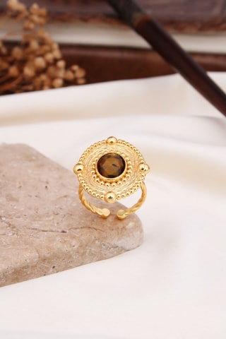 Bague - Plaqué or jaune et œil-de-tigre