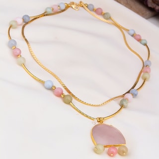 Colar - Latão banhado a ouro, morganite e quartzo rosa