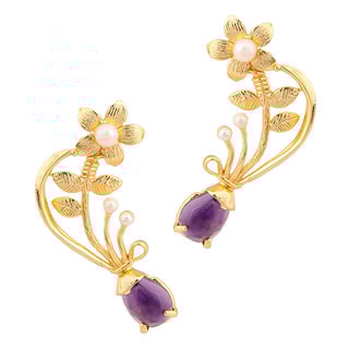 Boucles d'oreilles - Laiton plaqué or, améthyste & perles