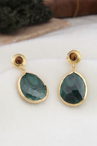 Boucles d'oreilles - Plaqué or jaune, œils-de-tigre et malachites