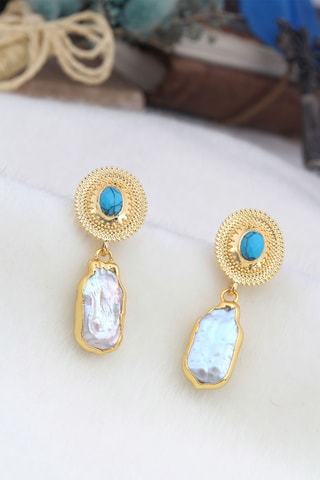 Boucles d'oreilles - Plaqué or jaune, turquoises et perles de culture