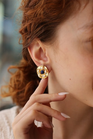 Boucles d'oreilles dorées à l'or fin jaune - Lapis-lazuli, perles et zircons