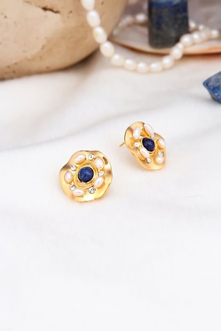 Boucles d'oreilles dorées à l'or fin jaune - Lapis-lazuli, perles et zircons