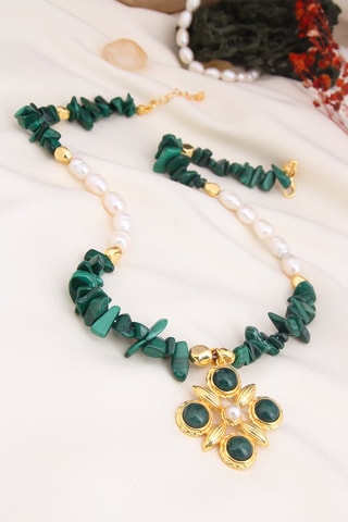 Collier - Plaqué or jaune et malachites