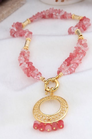 Collier - Plaqué or jaune et quartz fraise