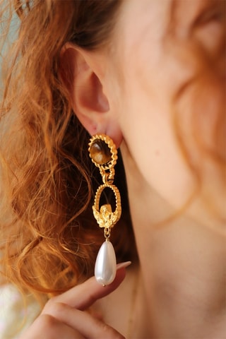 Boucles d'oreilles dorées à l'or fin jaune - Œils-de-tigre