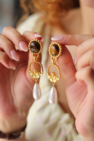 Boucles d'oreilles dorées à l'or fin jaune - Œils-de-tigre
