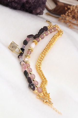 Bracelet multi-rangs - Plaqué or jaune et tourmalines