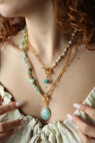 Collier multi-rangs - Plaqué or jaune et amazonites