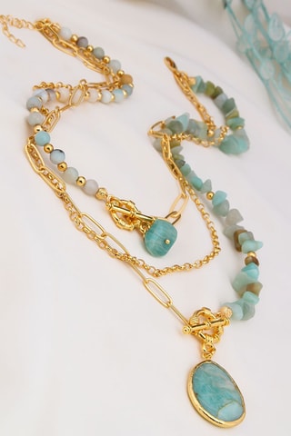Collier multi-rangs - Plaqué or jaune et amazonites