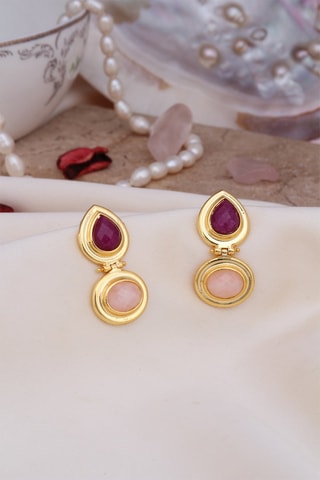 Boucles d’oreilles dorées à l'or fin jaune - Quartz et rhodonites