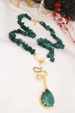 Collier - Plaqué or jaune, malachites et perles de culture