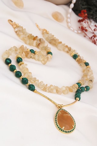 Collier - Plaqué or jaune, citrines et malachites
