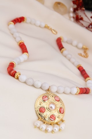 Colar - Banhado a ouro amarelo, variscites, pedras de lua e pérolas de cultura