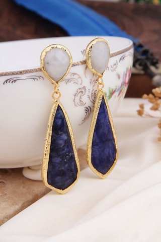 Boucles d'oreilles - Plaqué or jaune, pierres de lune et lapis-lazulis