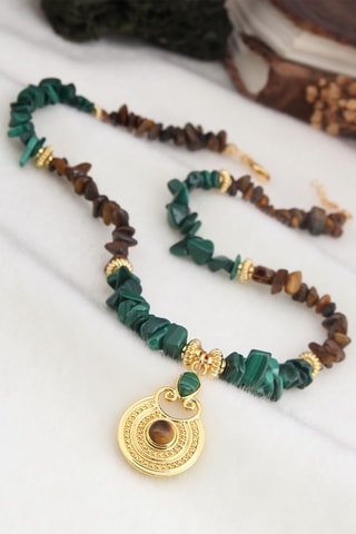 Collier - Plaqué or jaune, malachites et œils-de-tigre