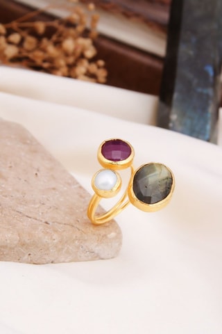Bague - Labradorite, agate et perle de culture