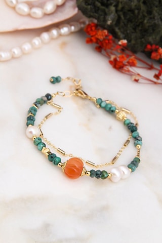 Bracelet - Plaqué or jaune, turquoises et perles de culture