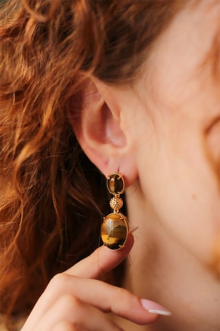 Boucles d'oreilles dorées à l'or fin jaune - Œil-de-tigre