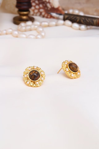 Boucles d'oreilles dorées à l'or fin jaune - Perles et oeil-de-tigre