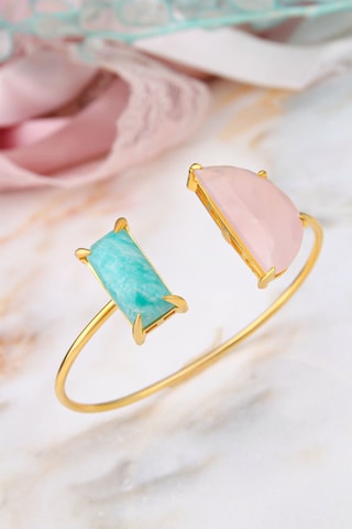 Bracelet doré à l'or fin jaune - Amazonite et quartz rose