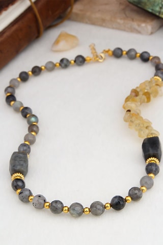 Collier doré à l'or fin jaune - Labradorites et citrines