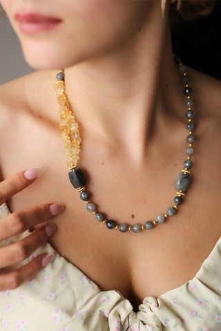 Collier doré à l'or fin jaune - Labradorites et citrines