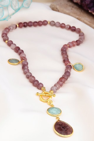 Colar - Dourado a ouro amarelo, quartzo e amazonites